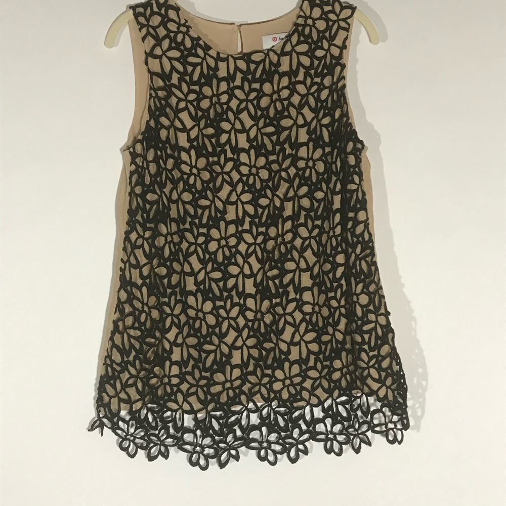 Neiman Marcus Blouse Lela Rose Lace Crochet Floral Size Women’s Medium Black Tan